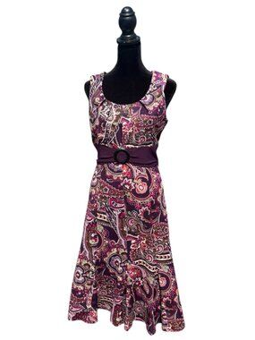 Y2k paisley print purple belted flowy knee length dress sleeveless size M